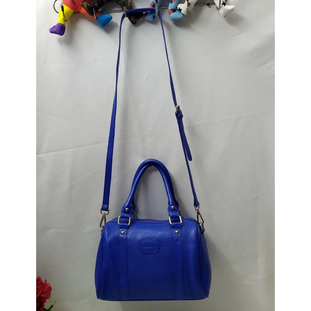 Terzetto Blue Pebbled Leather Double Handle Zipper Closure Satchel Shoulder Bag